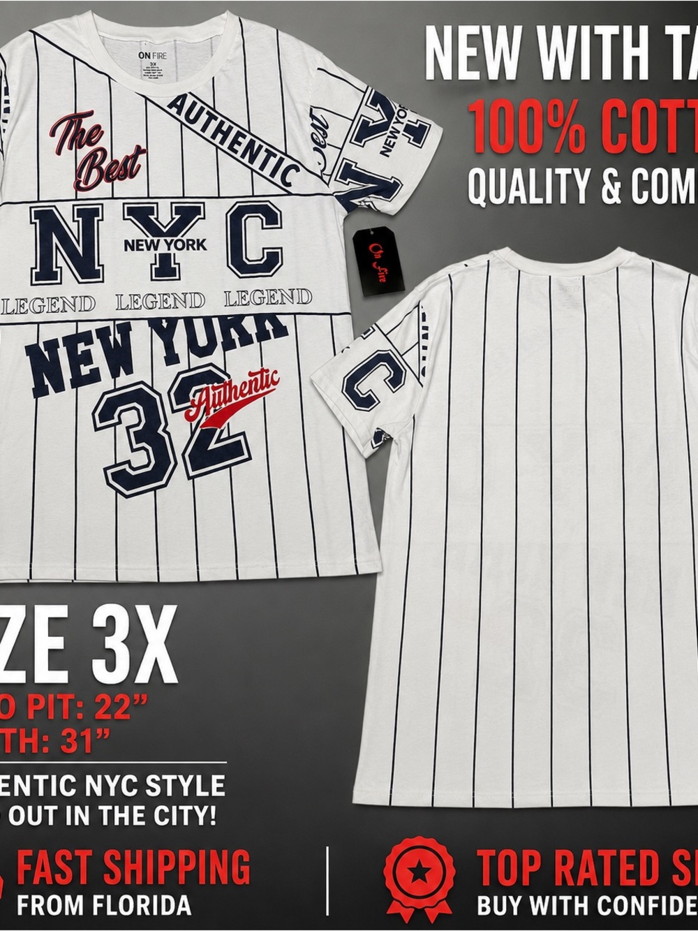 On Fire White Baseball-Style Short Sleeve Tee with Navy & Red Graphics